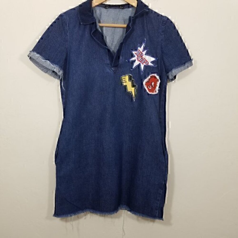 Zara Pop Patch Polo Pocket Short Sleeve Denim Dress Size XS